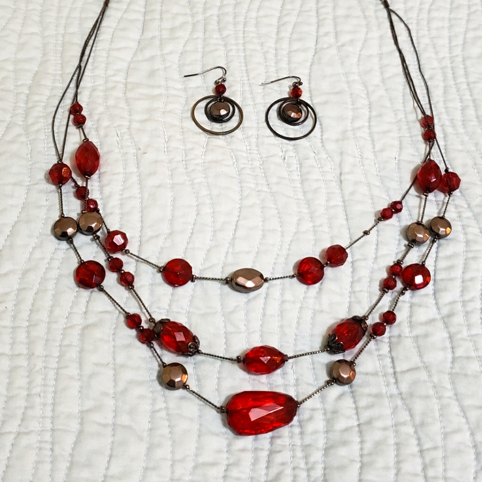 Used - Dressbarn Red & Charcoal Jewelry Set In Excellent Condition